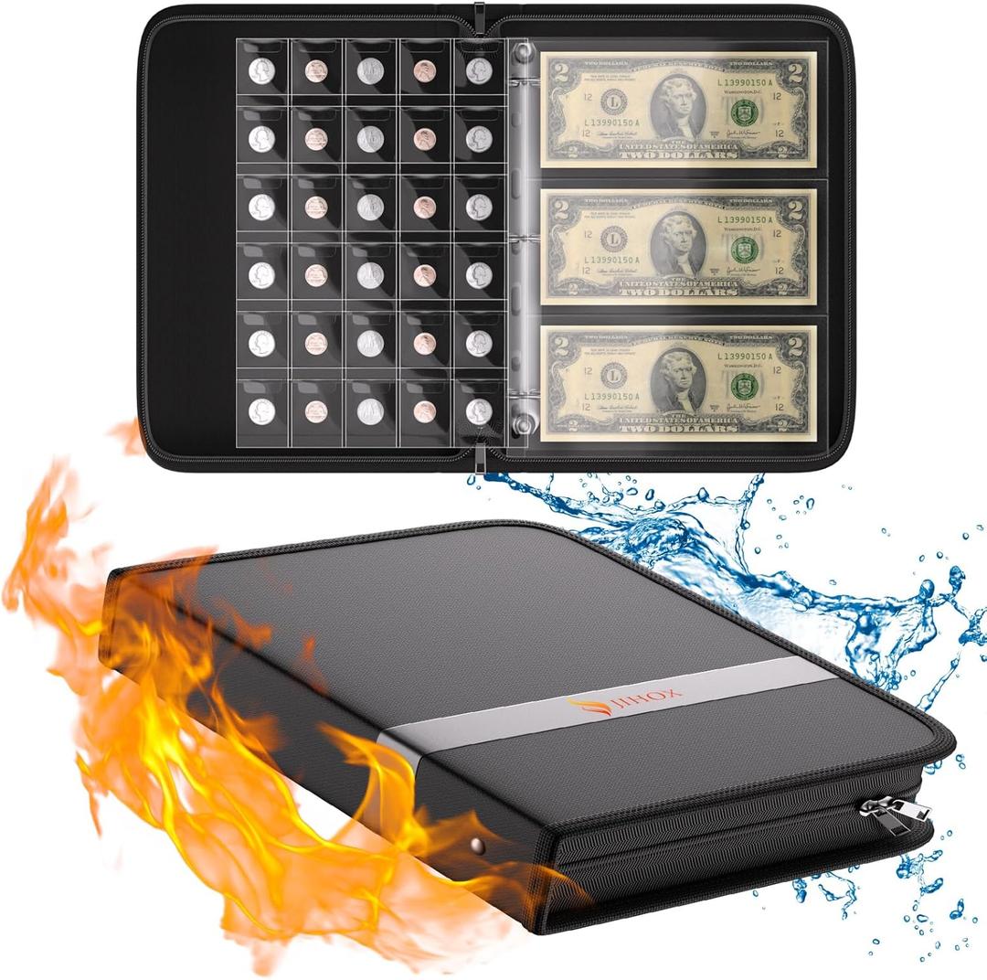 Fireproof Coin Collection Book Holder for Collectors, 300 Pockets Coin Collection Supplies & 36 Sleeves Money Storage Case, Waterproof Coin Collector Gifts, Coin Album, Bill, Pennies, Quarters, Stamp