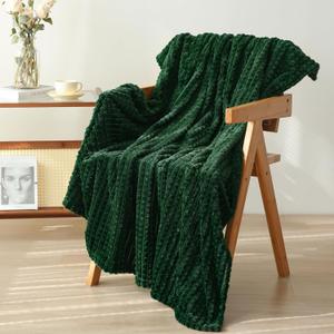 Puncuntex Flannel Fleece Throw Blanket Dark Green 60"80",Super Soft Plush Cozy Blanket with Square 3D Jacquard Grid Design Luxury for Couch Sofa Chair