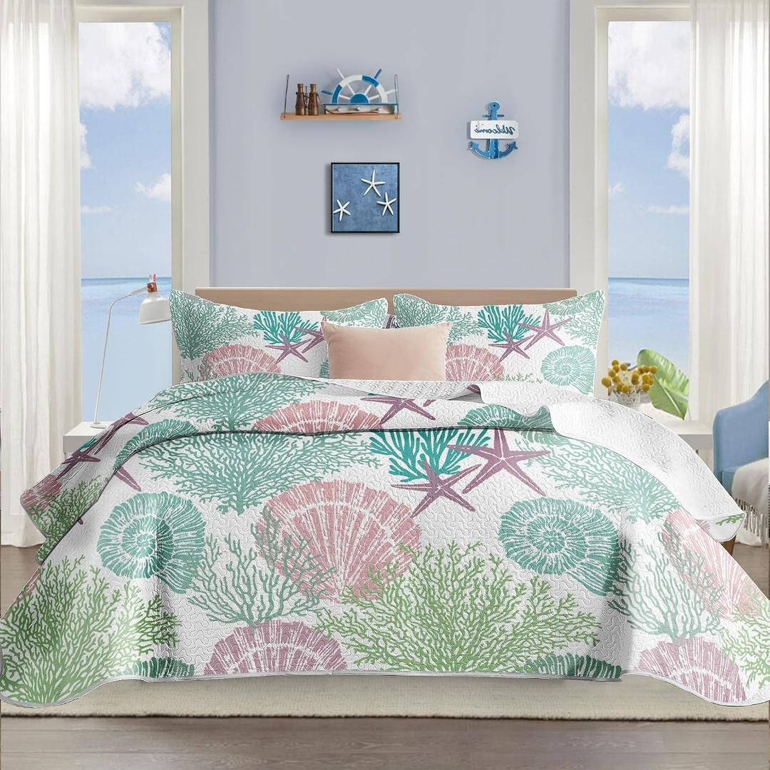 Tritard 3 Piece Coastal Quilt Sets King Size - Reversible Microfiber Quilts with 2 Shams Soft Lightweight Beach Bedding Nautical Bedspread Coverlet Summer Comforter Set for All Season, 106''x96'', C5
