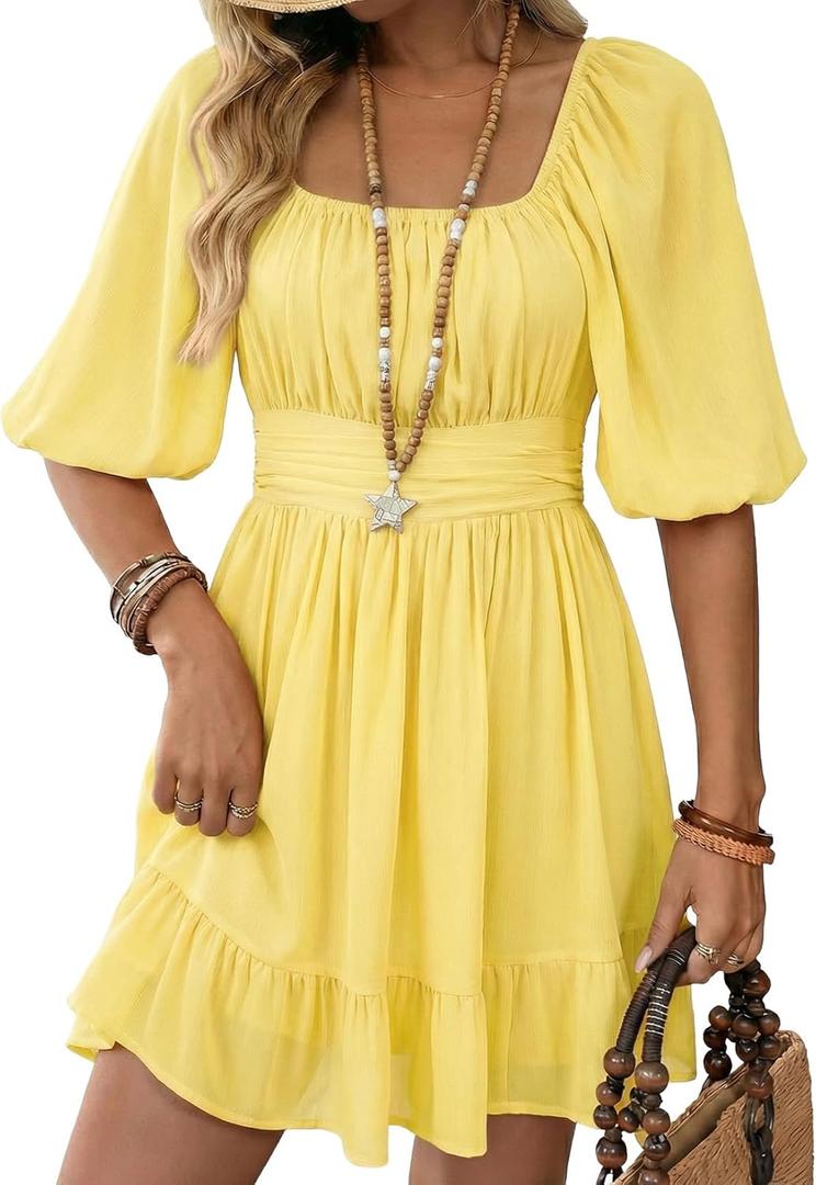 Dokotoo Womens Summer Dresses Square Neck Tie Back Lantern Sleeve Ruffle A-Line Casual Dress (Medium)