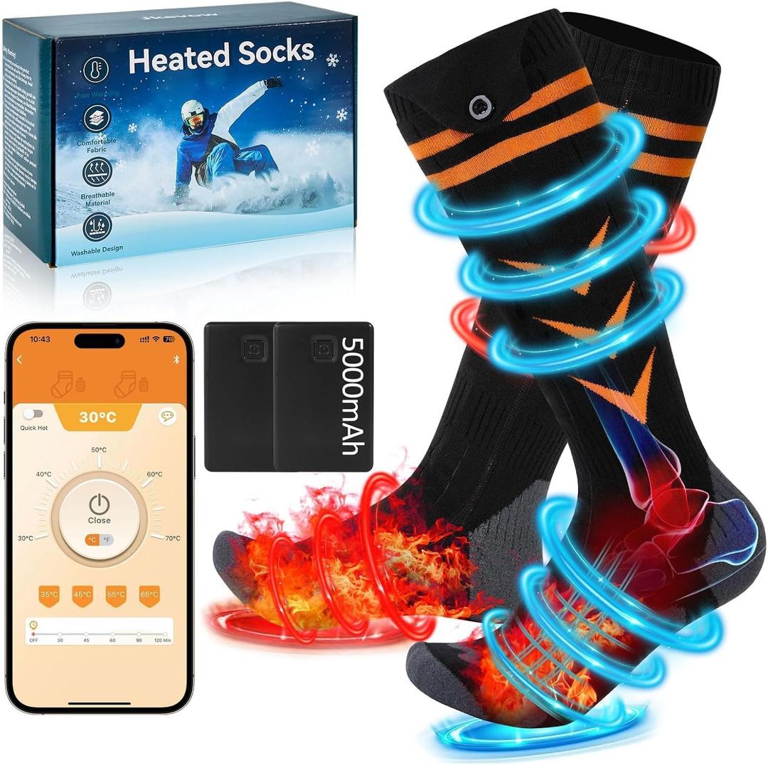 Heated Socks for Men Women, APP Control Electric Socks, Equipped with 5000mAh Rechargeable Battery and 4 Levels of Temperature Settings, Suitable for Outdoor Skiing, Hunting, Camping (Black)