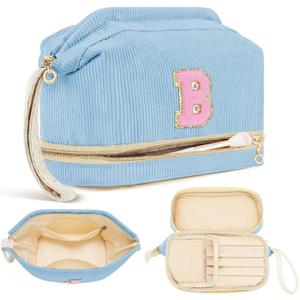 Initial Travel Makeup Bag for Women, Personalized Gift Large Double Layer Make Up Gift Cute Cosmetic Bag, Makeup Pouch Wide-open Roomy Makeup Travel Bags Birthday Thanksgiving Gifts for Her Blue -B