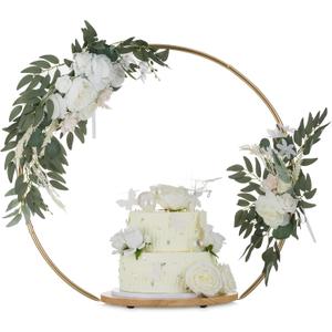 NUPTIO Wedding Cake Stand Pedestal: 14 Inch Cupcake Display Wooden Floral Arch Stands with Gold Metal Hoop Table Centerpieces Decoration for Birthday Tea Party Banquet Christmas Anniversary (14.2")