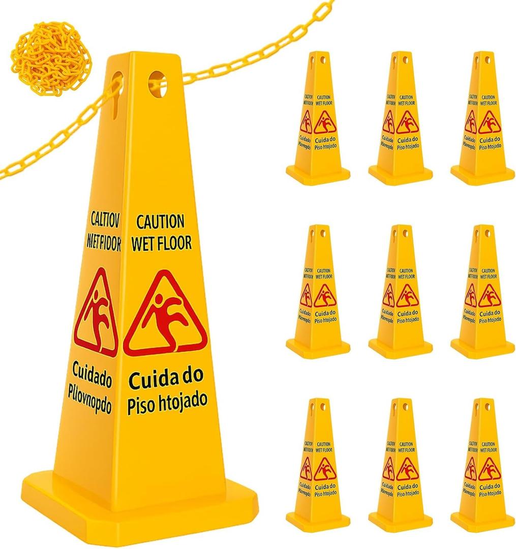 10 Pcs 26.3" Floor Cone Yellow Caution Sign, 4-Sided Bilingual Signs, English/Spanish, Public Caution for Indoors and Outdoors(with a chain)