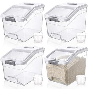 Blushtier 4 Pack Large Rice Storage Containers 30 Lbs Airtight Flour Container with Seal Locking Lid and Measuring Cup Kitchen Dry Food Storage Bins for Cereal Sugar Beans(Transparent and White)