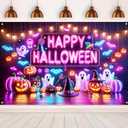 Halloween Banner 71x43 Inch Neon Ghost Pumpkin Backdrop Indoor Outdoor Trick or Treat Party Decoration Wall Hanging Spooky Glow Theme for Fence Room Porch Photo Booth
