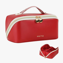 Prite Makeup Bag for Women Travel Waterproof Vegan Leather Cosmetic Bag Open Flat Toiletry Bag With Clear Divider and Handle (Red)