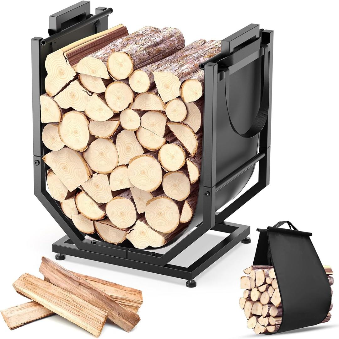 Firewood Rack, Indoor/Outdoor Firewood Holder with Firewood Carrier Bag, Thickened Metal Fireplace Log Holder with Adjustable Feet, Black (Small Size)