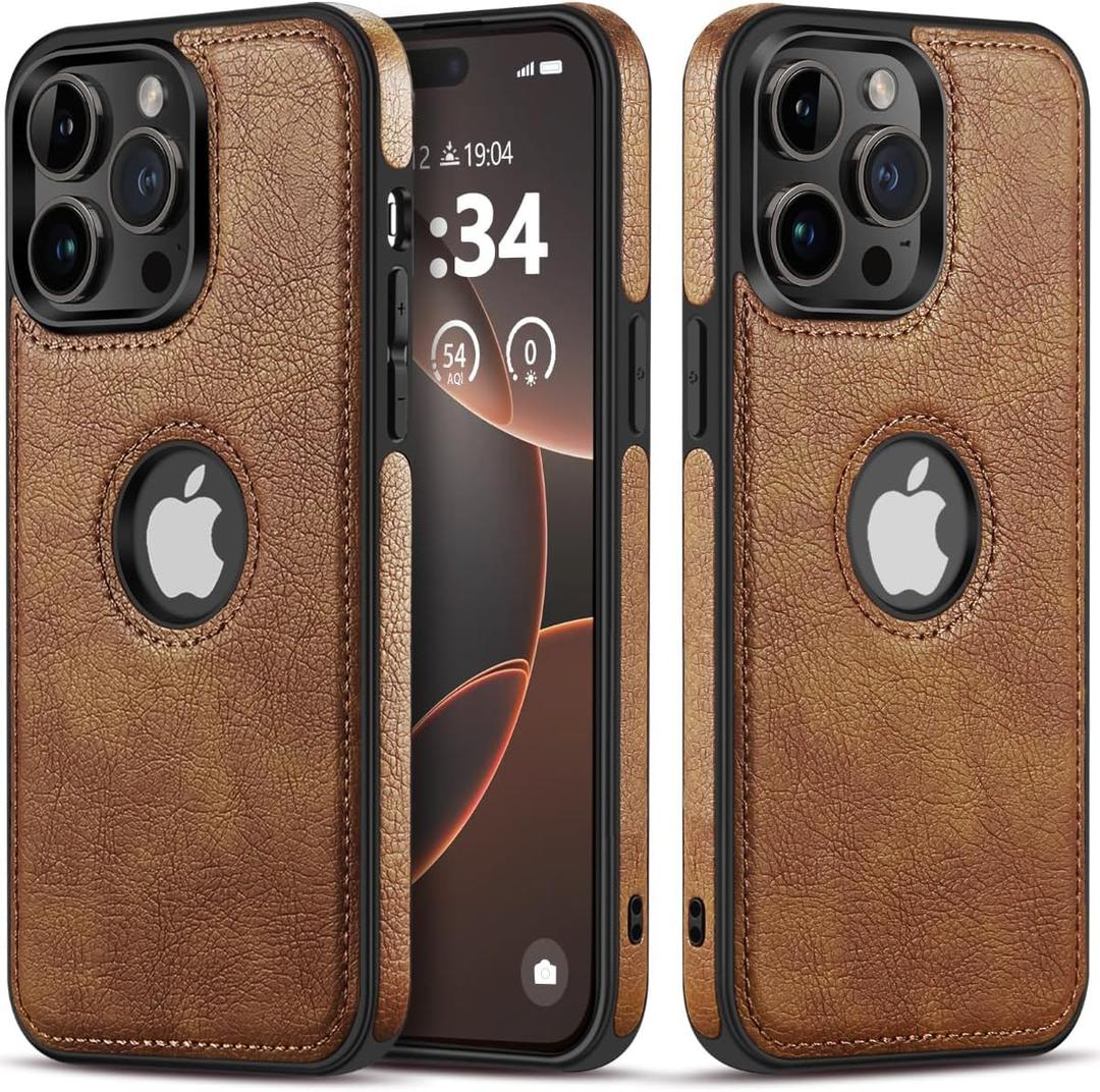 for iPhone 14 Pro Max Case Luxury Leather Logo Visible Vintage Ultra Slim Protective Cover 2022 6.7 Inch (Brown)