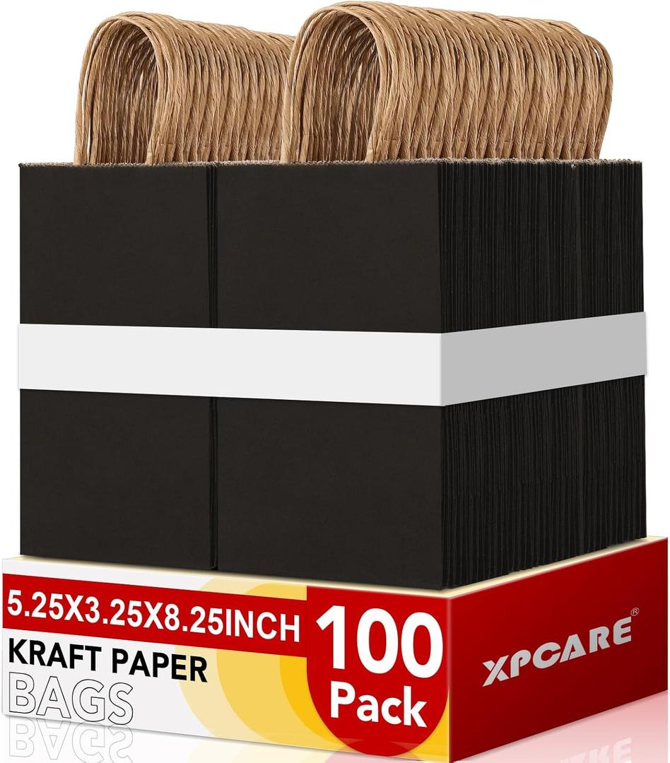 XPCARE 100Pcs Paper Gift Bags 5.25x3.25x8.25'', Small Paper Bags with Handles Bulk, Kraft Paper Bags for Birthday Party Favors, Shopping, Retail Black