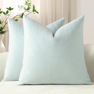 DEZENE Throw Pillow Cases 18x18 Light-Blue: 2 Pack Cozy Soft Velvet Square Decorative Pillow Covers for Farmhouse Home Decor