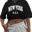 Hilinker Women's Drawstring Short Sleeve Crop Tops Summer Casual Loose Fit Crew Neck T Shirts Black New York X-Large