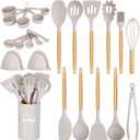 24 Pcs Kitchen Cooking Utensils Set,446F Heat Resistant Non-Stick Silicone Kitchen Utensil Set With Wooden Handles and Holder,Kitchen Gadgets for Cookware,Kitchen Accessories,Khaki (White)
