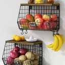 Hanging Wall Fruit Basket for Kitchen Counter 2 Pack, Stackable Wire Baskets for Organizing with Wood Lid, Potato and Onion Storage Bin with Banana Hook for Vegetable Produce, Black + Rustic
