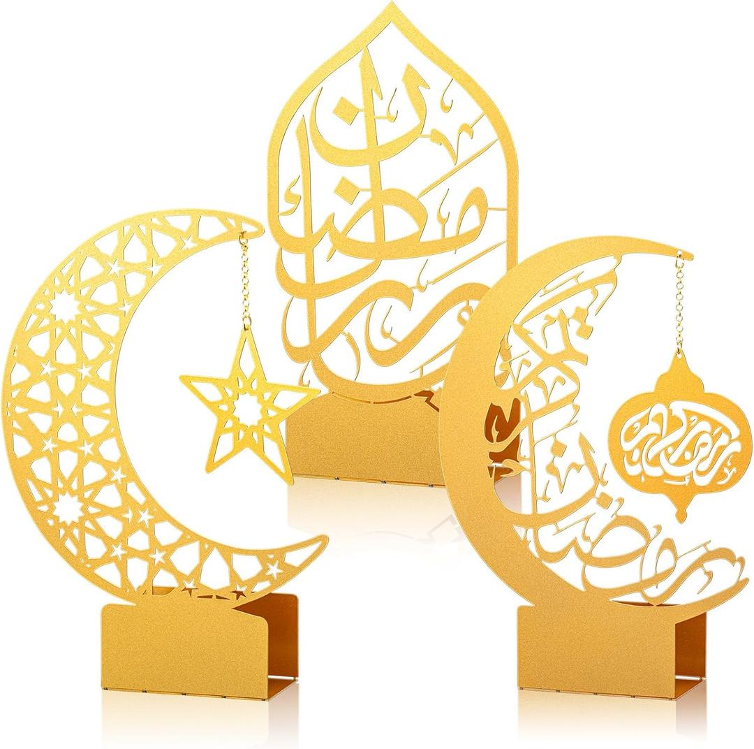 Photect 3 Pack Ramadan Decorations for Home Golden Moon Eid Mubarak Decoration Ramadan Candlestick Holder Metal Kareem Signs for Islamic Muslim Table Centerpiece Indoor Decor Allah Gifts