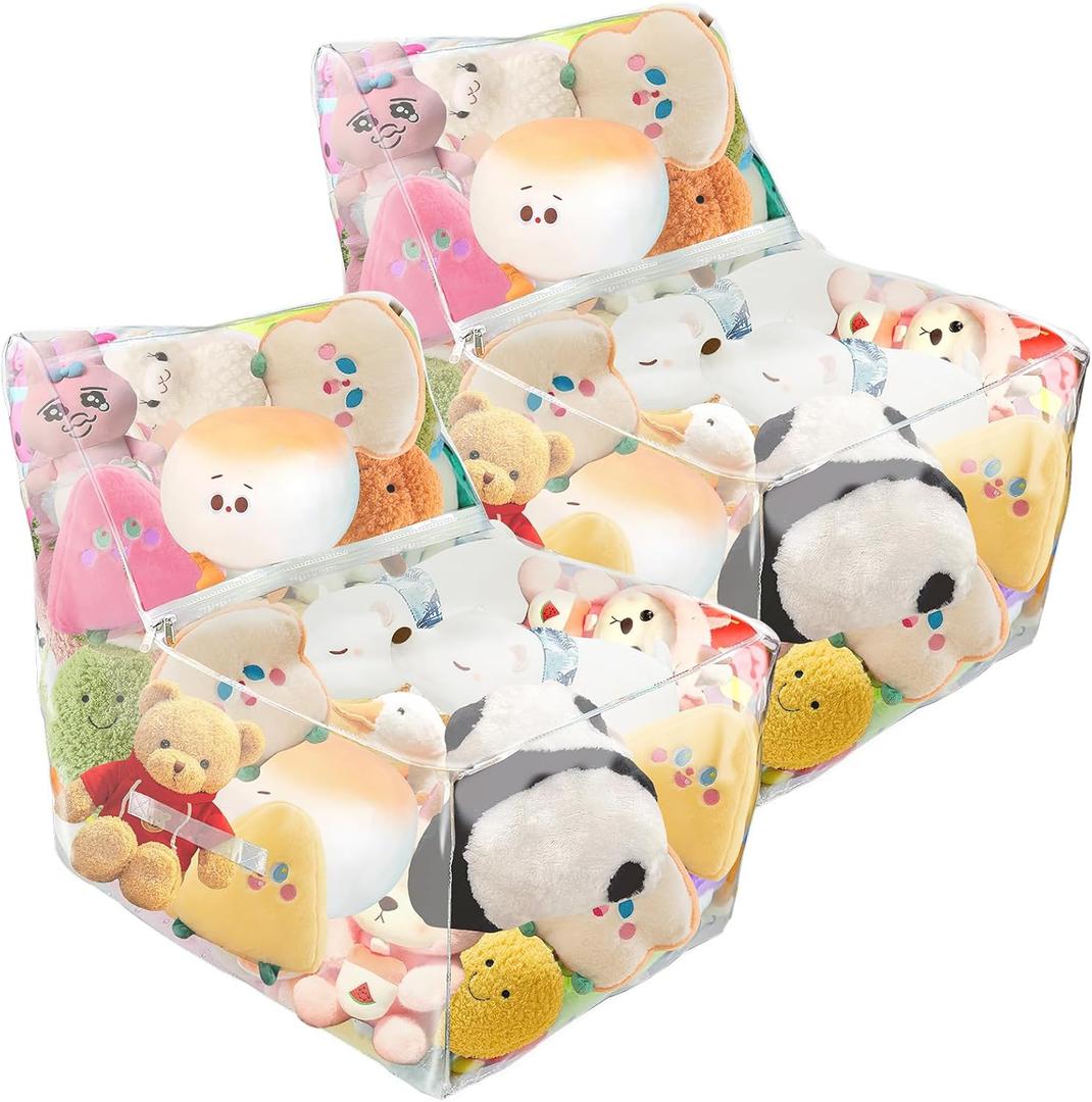 2pcs Stuffed Animal Storage Bean Bag Chair Covers, Large Zipper Clear PVC Stuffed Animal Organizer Bean Bag Seat, Suitable for Bedroom Nursery Play Room Decor, Easy to Clean