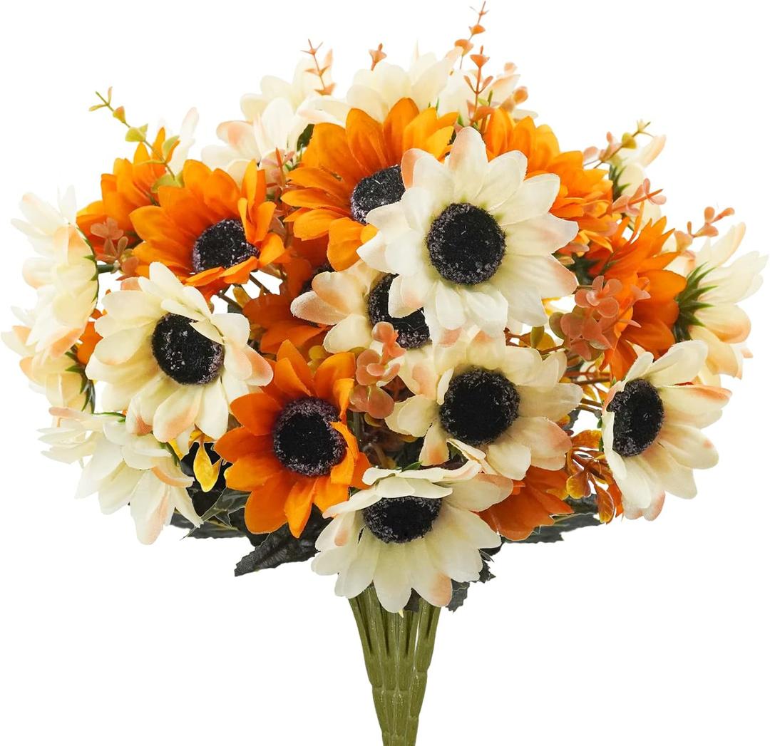 Artificial Daisy Flowers 24 Bundles Fall Flowers with 10 Sunflowers Head Autumn Outdoor Fake Flowers for Window Box Garden Porch Centerpieces Wedding Orange