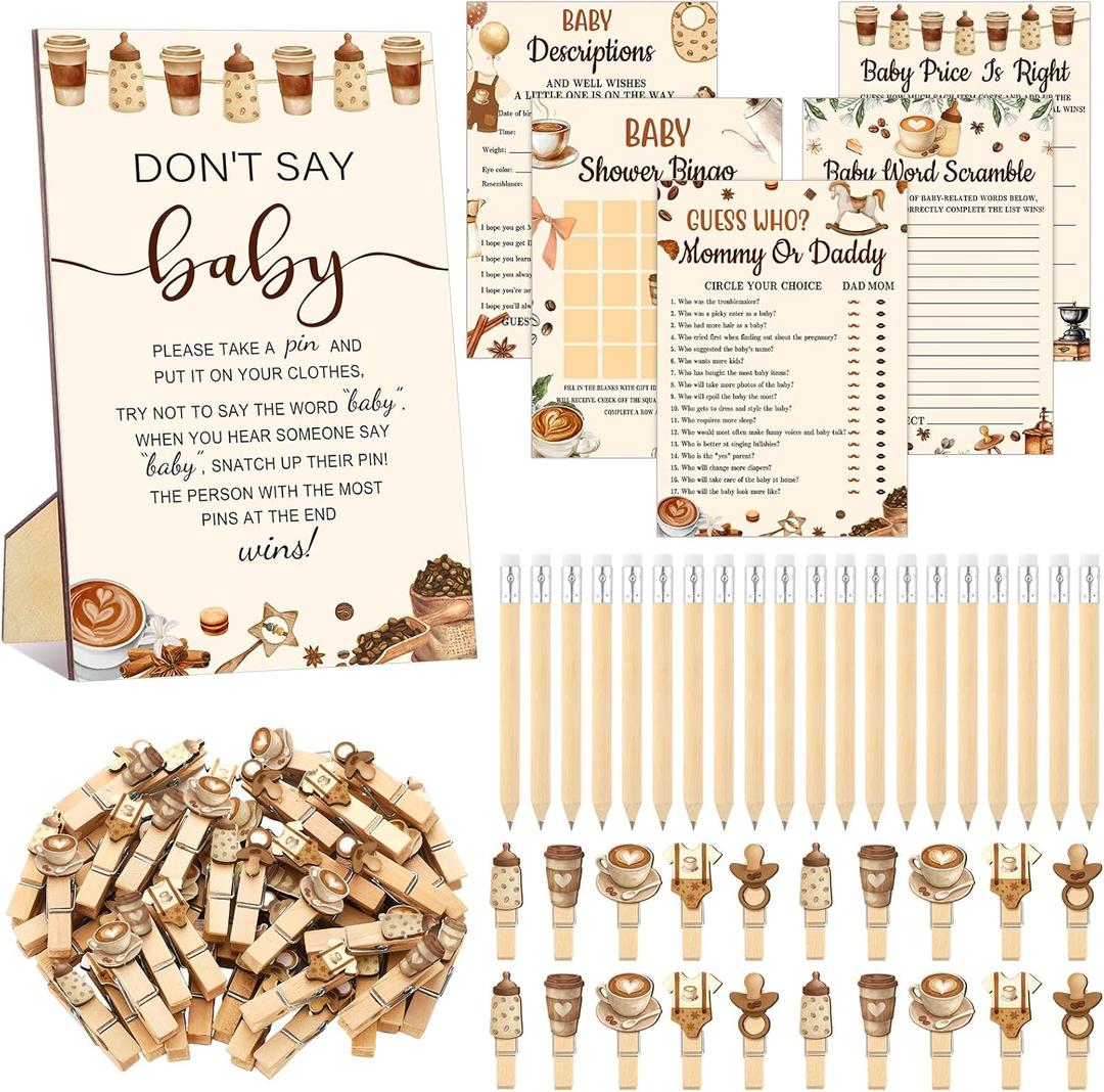 Patelai 321 Pcs Coffee Themed Baby Shower Games Set 5 Games Includes A Baby Is Brewing Price Is Right Guess Who Mommy or Daddy Word Scramble Prediction and Well Wishes Don't Say The Words