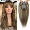 Flufymooz 100% Real Human Hair Toppers, 12 Inch Human Hair Toppers for Thinning Hair Large Hand-woven Area 360 Coverage Natural Hairpiece for Women 5"x3" Silk Base (Chocolate Brown with Blonde)