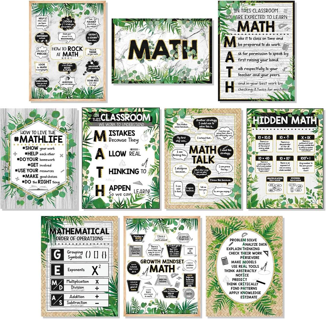 Sinload 10 Pcs Math Posters Math Greenery Styles, Eucalyptus, 13 x 8 inches, 13 x 10 inches