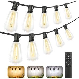 Brightever 3 Color in 1 LED Outdoor String Lights with Remote, 100FT Edison Hanging String Lights for Outside Dimmable, Outdoor Lighting for Patio Caf Bistro with 52 ST38 LED Bulbs, 2700K/4000K/5000K (Black-Wire)