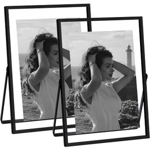 eletecpro 5x7 Metal Picture Frame Set of 2 with Real Glass Cover, Tabletop Display Photo for Multiple Size up to 5x7, Black Floating Photo Frame for Wedding, Party, Home Decor, Vertical