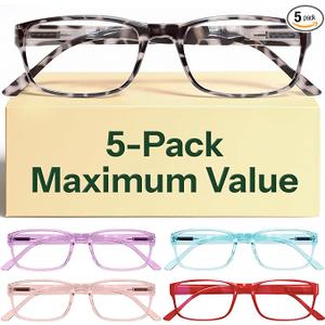 Gaoye Reading Glasses Blue Light Blocking, Spring Hinge Readers for Women Anti Glare Filter Lightweight Eyeglasses (5-Pack Mix Color 2, 1.5)