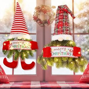 Leyndo 2 Pcs 30 Inch Christmas Wreath for Front Door Christmas Wreath Gnome with Light Artificial Pine Spruce Hanging Sign Santa Gnome for Door Window Wall Farmhouse Christmas Home Decor