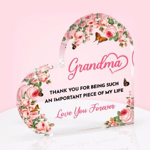 Gifts for Grandma from Grandkids - Heart-Shaped Engraved Acrylic Plaque 6x6 Inch - Birthday Mothers Day Christmas Gift Ideas - Desk Shelf Display for Living Room, Bedroom Decor, Love Decor