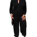 YeGine Plus Size Women Long Sleeve Loose Jumpsuit Casual Rompers One Piece Button Up Wide Leg Jumpsuits Black 2XL