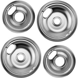W10196406 and W10196405 Chrome Stove Burner Drip Pan Set for Whirlpool Amana Maytag Magic-Chef Kenmore Electric Range with Locking Slot, Includes 2 6-Inch and 2 8-Inch Drip Bowls