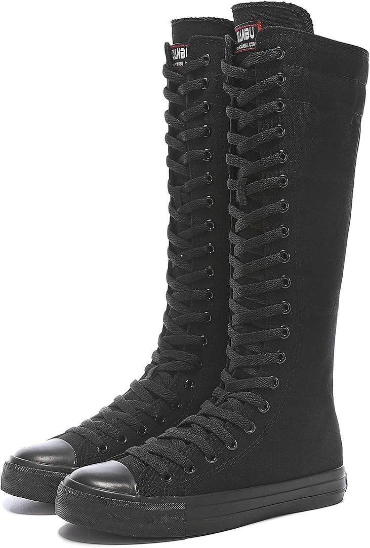 Momuk Women's Fashion Lace Up Knee High Canvas Zip Boots Girls Fancy School Shoes (10, Black)