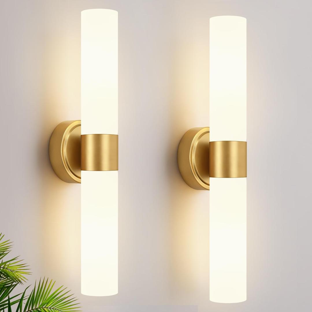 Wall Sconces Set of Two, Modern Bathroom Sconces Wall Lighting with Milky White Glass, Brushed Gold Sconces Wall Decor Set of 2 for Bathroom Mirror Bedroom Living Room Hallway