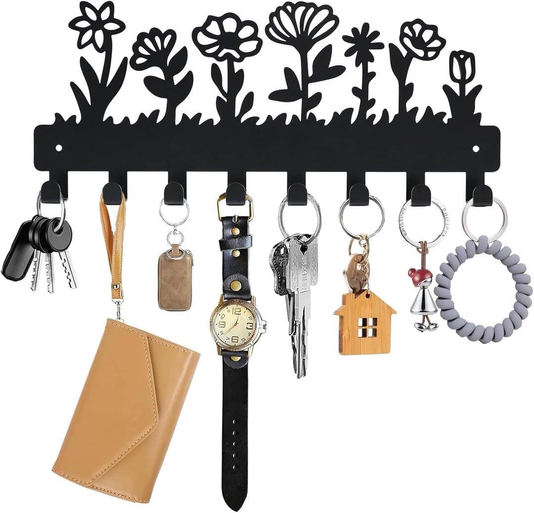 Decorative Key Holder for Wall Mounted with 8 Hooks, Cute Flower Key Rack Organizer for Entryway, Hallway, Office, Wall Mount Hanger for Keys with Mounting Hardware, Dog Leash Holder Ready to Hang