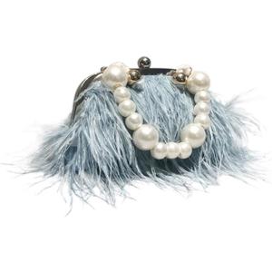 Ostrich Feather Evening Bags Fluffy Clutches for Women, Vintage Pearl Purse Tote Bag for Bridal, Banquet, Party Blue (8.5"*1.2"*8"(22CM*4CM*20CM))