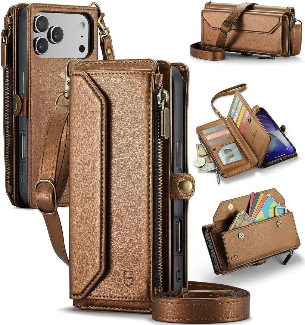 Wallet Case Compatible with iPhone 17 Pro Max 6.9" RFID Blocking 10-Card Holder Soft PU Leather Magnetic Snap Shoulder Strap Zipper Pocket Phone Case Fit for iPhone 17 Pro Max - Brown