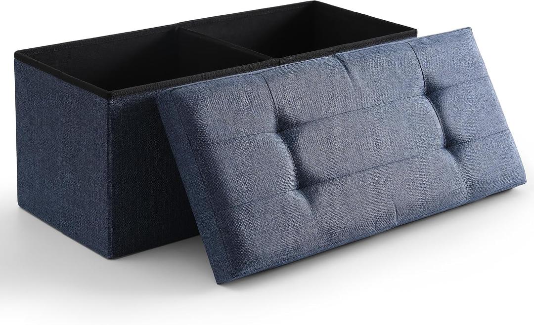 Storage Ottoman Bench Foldable Seat Footrest Shoe Bench End of Bed Storage with Flipping Lid, 75L Storage Space, 30 inches Linen Fabric Navy