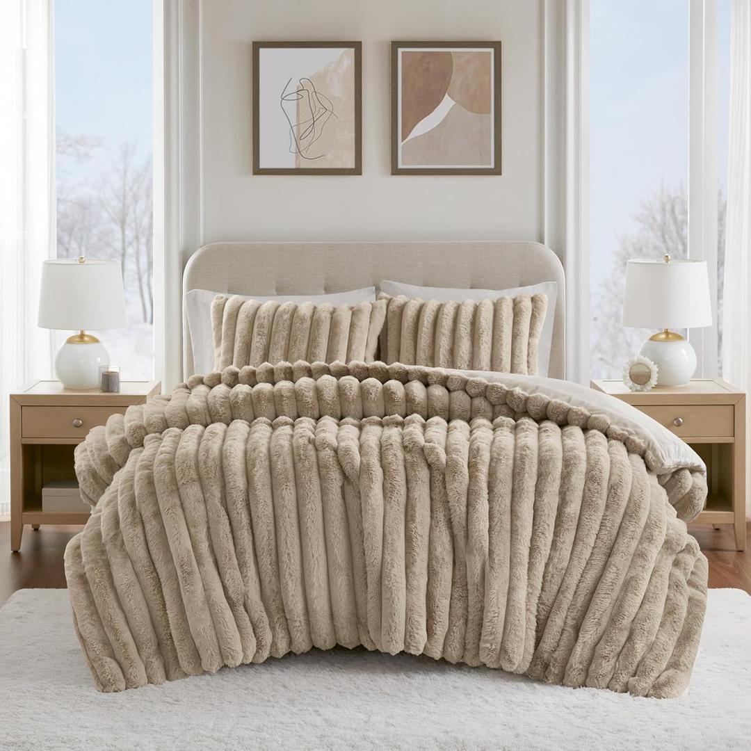 Madison Park King Comforter Set Reversible Faux-Fur Plush Comforters for King Size Bed, All Season Luxurious Ribbed Velvet Comforters King Size Bedding Set, Jasmine, King, Taupe 3 Piece