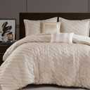 Madison Park Queen Comforter Set Raised Jacquard Texture Comforters Queen Size Bed, All Season Down Alternative Bedding Queen Size Comforter, Decor Pillows, Matching Shams, Riva, Queen Beige 5 Piece