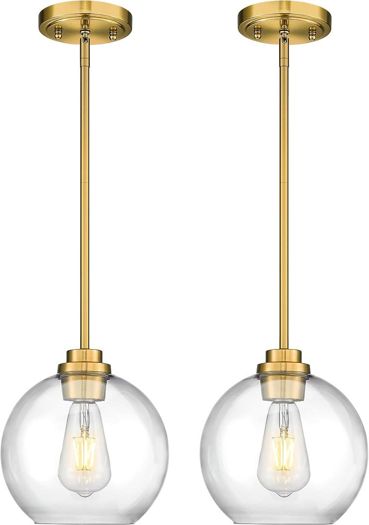 2 Pack Pendant Lights Kitchen Island, 8" Gold Pendant Light Fixtures with Globe Clear Glass Shade, Modern Brass Kitchen Island Lighting for Bathroom, AD-22280-2PL-GD