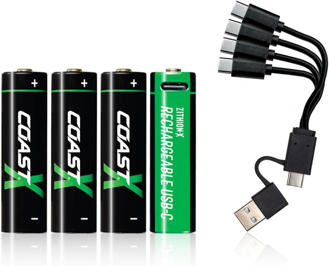 Coast AA USB-C Rechargeable Batteries, ZITHION-X, Lithium Ion 1.5v 2400 mAh, Long Lasting, Charges Under 2.5 Hours, Charging Cable Included, 4-Battery Pack
