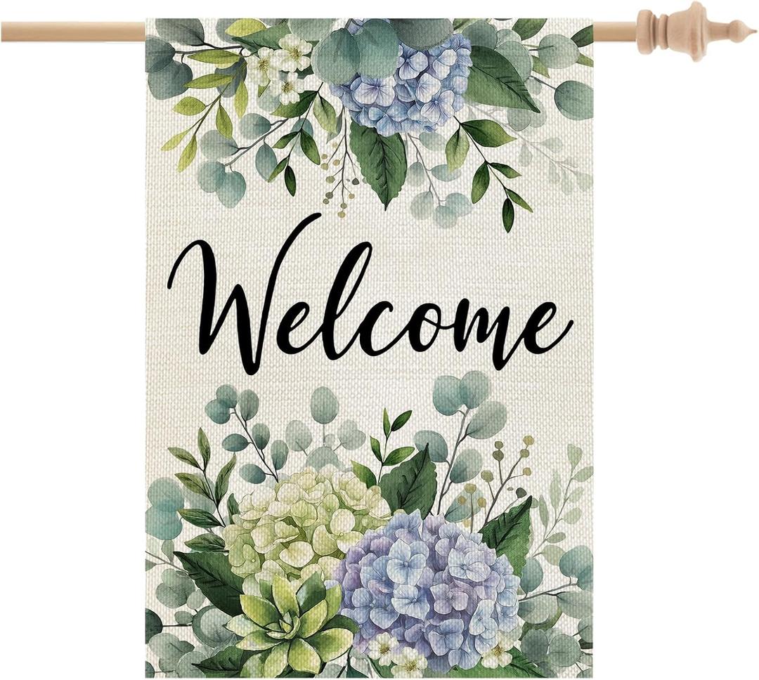 2 x CROWNED BEAUTY Spring House Flag Hydrangea Eucalyptus Double Sided 28x40 Inches Large Burlap Welcome Holiday Seasonal Yard Decoration for Outside Porch