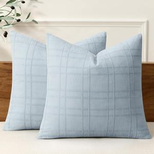 MIULEE Decorative Linen Check Throw Pillow Covers Neutral Farmhouse Vintage Pillow Covers 18x18 Set of 2 Boho Modern Home Decor for Sofa Couch Bedroom Cushion Coastal Blue