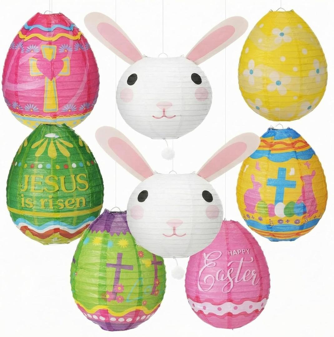 Wenqik 8 Pcs 10 Inches Easter Party Decorations Paper Lanterns Eggs Bunny Paper Lanterns Rabbit Easter Ceiling Hanging Decorations for Spring Holiday Party Daily Living Room Home Adorn(Shape)