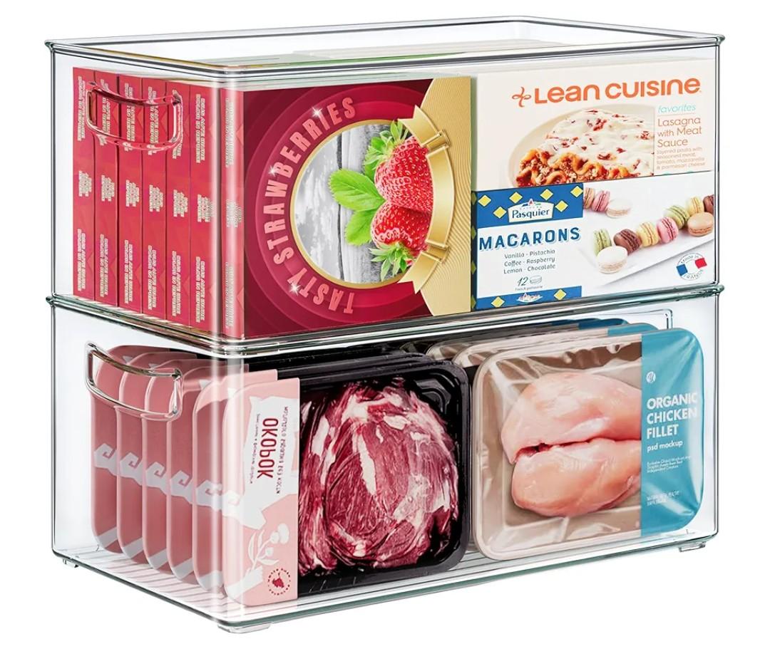 2 Pack Clear Freezer Organizer Bins Stackable Storage Bins with Side Handles for Kitchen Pantry Cabinet Organzation and Storage