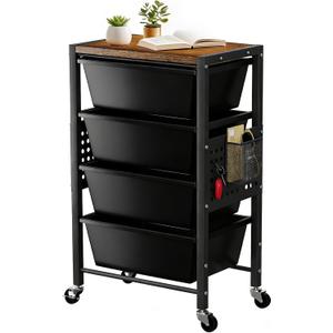 Rolling Cart with 4 Drawers, Plastic Drawer Storage Carts with Wheels & Wooden Tabletop, Metal Utility Cart with Pegboards, Office Living Room Classroom Craft Organization and Storage, Dark Black