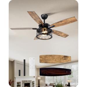 EDISHINE 52in Farmhouse Ceiling Fans with Lights, 10%-100% Dimmable, 5 Wooden Double-sided Blades, 1/2/4/6 Hour Timer, 6 Speeds Reversible DC Motor, Rustic Ceiling Fan for Living Room, Bedroom