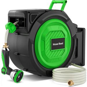 Retractable Garden Hose Reel, 1/2 in x 150 ft Heavy Duty Wall-Mounted Hose Reel with 180 Swivel Bracket, 10-Pattern Nozzle, Automatic Slow Rewind System, Any Length Lock for outside Watering,Cleaning