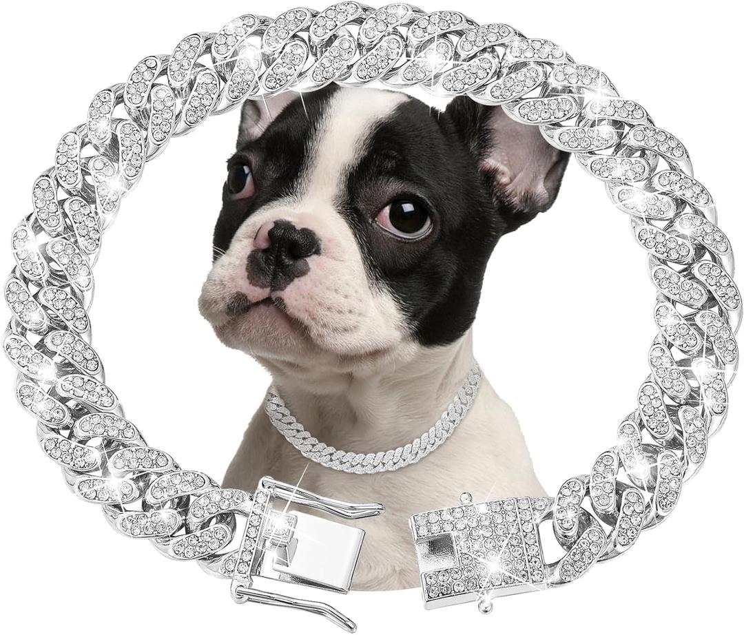 Silver Dog Chain Collar Diamond Cuban Link Dog Collar 13mm Wide Dog Necklace Metal Cat Chain Pet Crystal Collar Jewelry Accessories for Small Medium Large Dogs Cats(16inch)