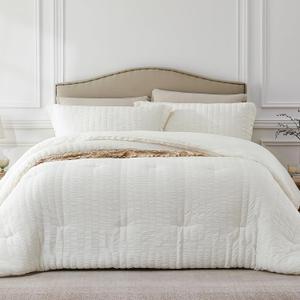 Beige Queen Comforter Set - 3 Pieces Seersucker Lightweight Bedding Comforter Sets (1 Soft Fluffy Comforter & 2 Pillowcases) - All Seasons Cozy Farmhouse Bed Sets for Women Men